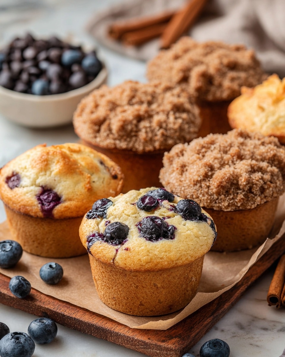 The image shows two types of muffins arranged on brown paper over a wooden board, placed on a white marbled surface. The muffins in the front have a light golden color with whole blueberries visible inside and on top, some berries showing purple juice stains on the muffin tops. Behind these, there are crumb-topped muffins with a rough brown crumb layer covering the golden brown surface. Scattered fresh blueberries lie near the blueberry muffins. A white bowl with chocolate chips and cinnamon sticks sit blurred in the background. Photo taken with an iphone --ar 4:5 --v 7