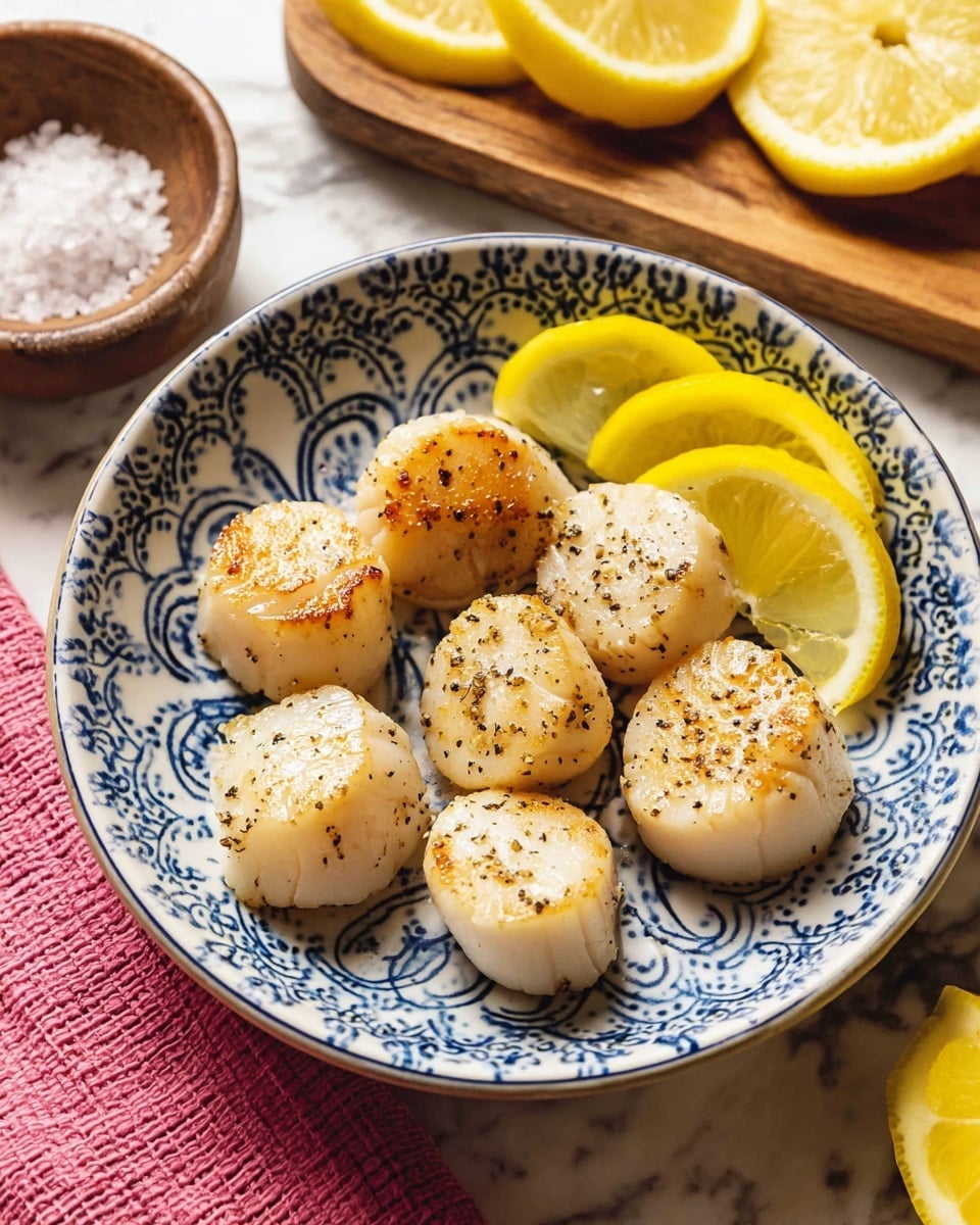 The image shows four steps of cooking scallops. Step one has nine raw scallops with a light cream color and black pepper specks in a white round bowl on a white marbled surface. Step two shows the scallops spaced out on a black air fryer tray, still raw and sprinkled with black pepper. Step three shows the scallops starting to cook on the same black tray, with light golden edges forming. Step four presents the cooked scallops, now a soft golden color, arranged on a white bowl with blue patterns. A wedge of lemon is placed at the bottom right of the bowl, and the bowl sits on a pink cloth on a white marbled surface. Photo taken with an iphone --ar 4:5 --v 7