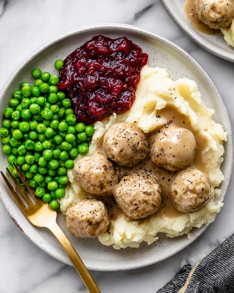 A white pan filled with about twenty small brown meatballs, each covered by a smooth, thick light beige sauce that pools around and partly coats the sides of the meatballs, showing a creamy, slightly glossy texture with a few specks of black pepper. The pan's surface and handle have a dark rim, contrasting with the white interior. The pan sits on a white marbled texture surface. photo taken with an iphone --ar 4:5 --v 7