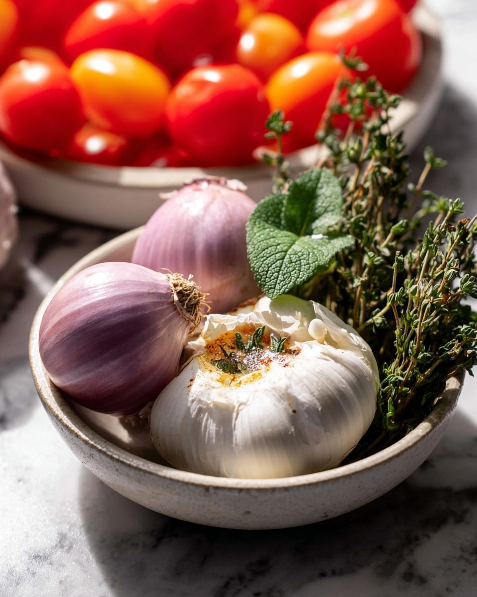 A close-up of a white bowl on a white marbled surface filled with fresh ingredients: two purple shallots on the left with smooth skin, a whole bulb of garlic with white papery skins in the front right, and a group of fresh green herbs—one leafy with visible veins on top and small sprigs of thyme surrounding—placed in the center on top of the garlic and shallots. In the background, a white bowl filled with bright red cherry tomatoes sits slightly out of focus. The lighting is natural, highlighting the texture and color contrast of the ingredients. Photo taken with an iphone --ar 4:5 --v 7