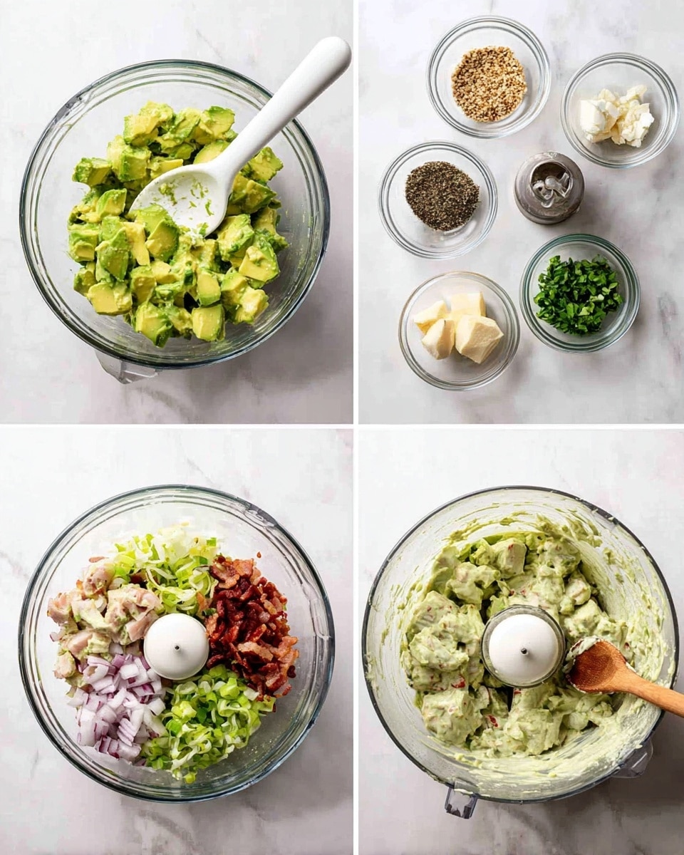 The image shows four stages of making a creamy avocado salad in clear glass bowls on a white marbled surface. In the top left, the first bowl is filled with bright green chunks of avocado with a white spoon resting inside. Around it are small bowls with chopped greens, black pepper, bacon pieces, and diced light-colored meat. The top right shows a food processor containing pieces of avocado, white dressing, black pepper, garlic, and herbs ready to blend. In the bottom left, the white bowl contains layers of chopped avocado, diced meat, red onion, bacon, and a creamy light green dressing on top, with a wooden spoon resting on the right edge. The final image on the bottom right shows the ingredients mixed together, forming a creamy pale green chunky salad. photo taken with an iphone --ar 4:5 --v 7