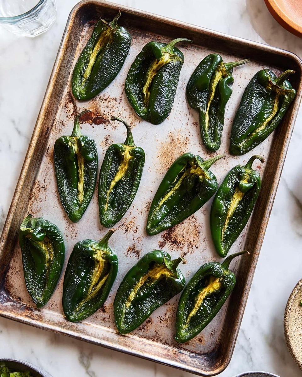 The image shows a metal baking tray with ten roasted green poblano pepper halves arranged in two neat rows of five. Each pepper half is dark green with a slightly wrinkled texture and a bright yellow-green vein running down the center of the inside. The pepper halves are hollowed out and slightly curled, with glossy skin that reflects the light. The tray itself has a worn, rustic look with some brown scorch marks and spots visible. The background is a white marbled surface with parts of other dishes and a glass cup partially visible at the edges. Photo taken with an iphone --ar 4:5 --v 7