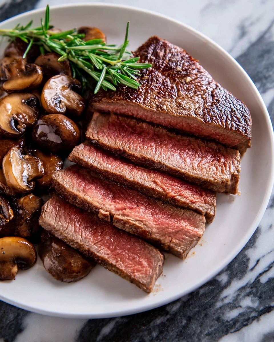 Two medium-brown cooked steaks with a slightly crispy texture on the edges sit in a black cast iron pan filled with some shiny cooking oil; each steak is topped with a small green sprig of rosemary that adds a fresh look. The pan is placed on a white marbled surface, with the corner of a small dark bowl filled with brown mushrooms visible in the top right. A wooden pepper grinder rests near the bottom right corner of the image, and a silver sauce spoon with brown sauce is in the bottom left edge. Photo taken with an iphone --ar 4:5 --v 7