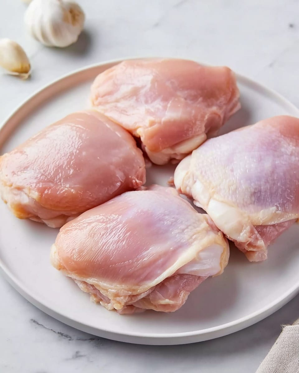 The image shows four pieces of cooked chicken thighs placed closely together on a white plate, sitting on a white marbled surface. Each chicken piece is covered with a shiny, golden-brown glaze that looks slightly sticky and glossy, with small bits of seasoning visible on the surface. The chicken skin has a lightly browned, uneven texture with hints of darker browned spots, suggesting a caramelized finish. The first piece is in the front and in clear focus, while the others blur softly into the background, creating a depth effect. photo taken with an iphone --ar 4:5 --v 7