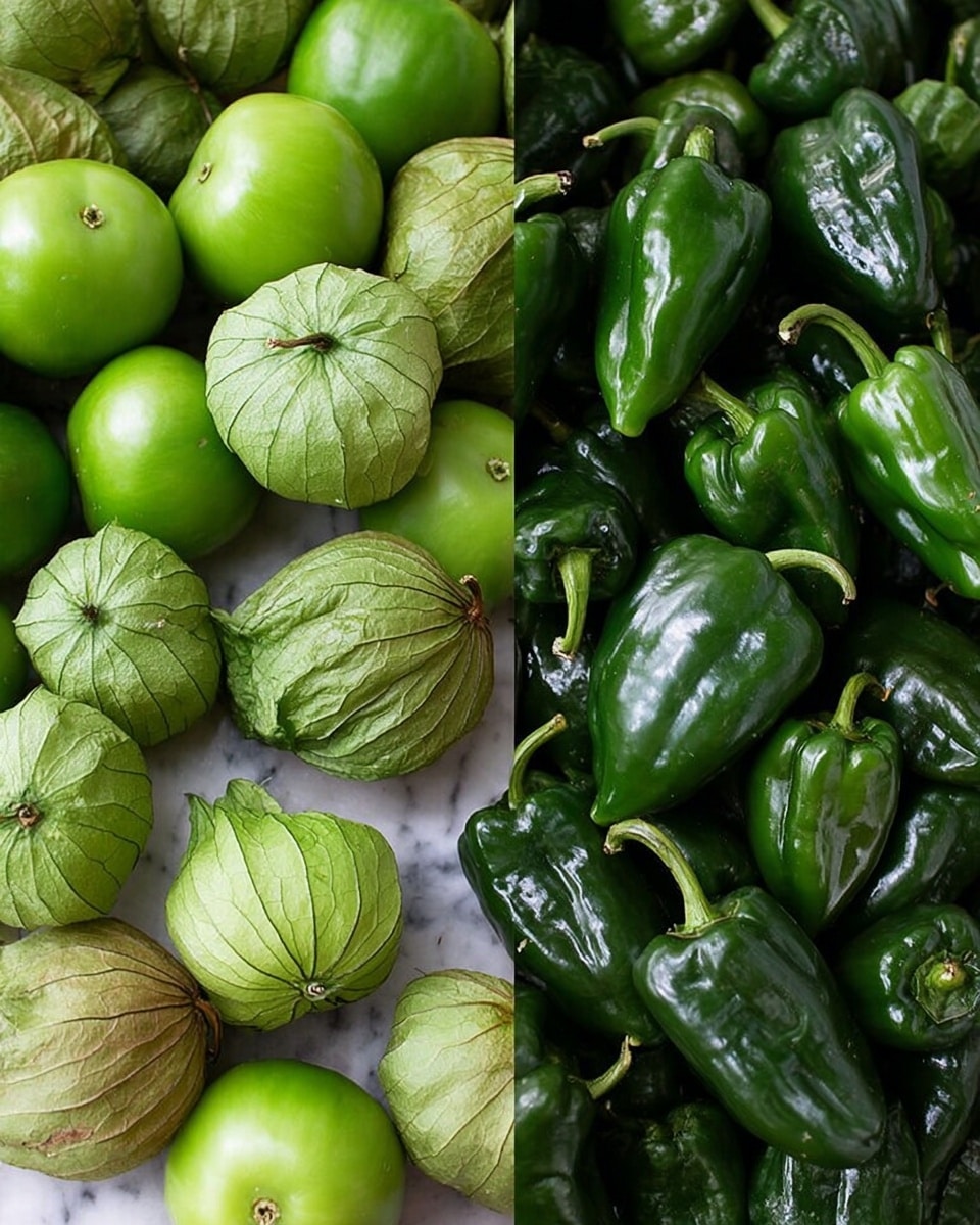 The image shows two side-by-side sections filled with different green vegetables. The left side is filled with round green tomatillos, some with papery husks that are light green and slightly cracked, while others are bright green and smooth without husks, creating a mix of matte and shiny textures. The right side is full of shiny dark green poblano peppers with smooth surfaces and slightly curved stems, piled closely together in a way that shows their thick, wrinkled shape. Both sections rest on a white marbled surface. Photo taken with an iphone --ar 4:5 --v 7