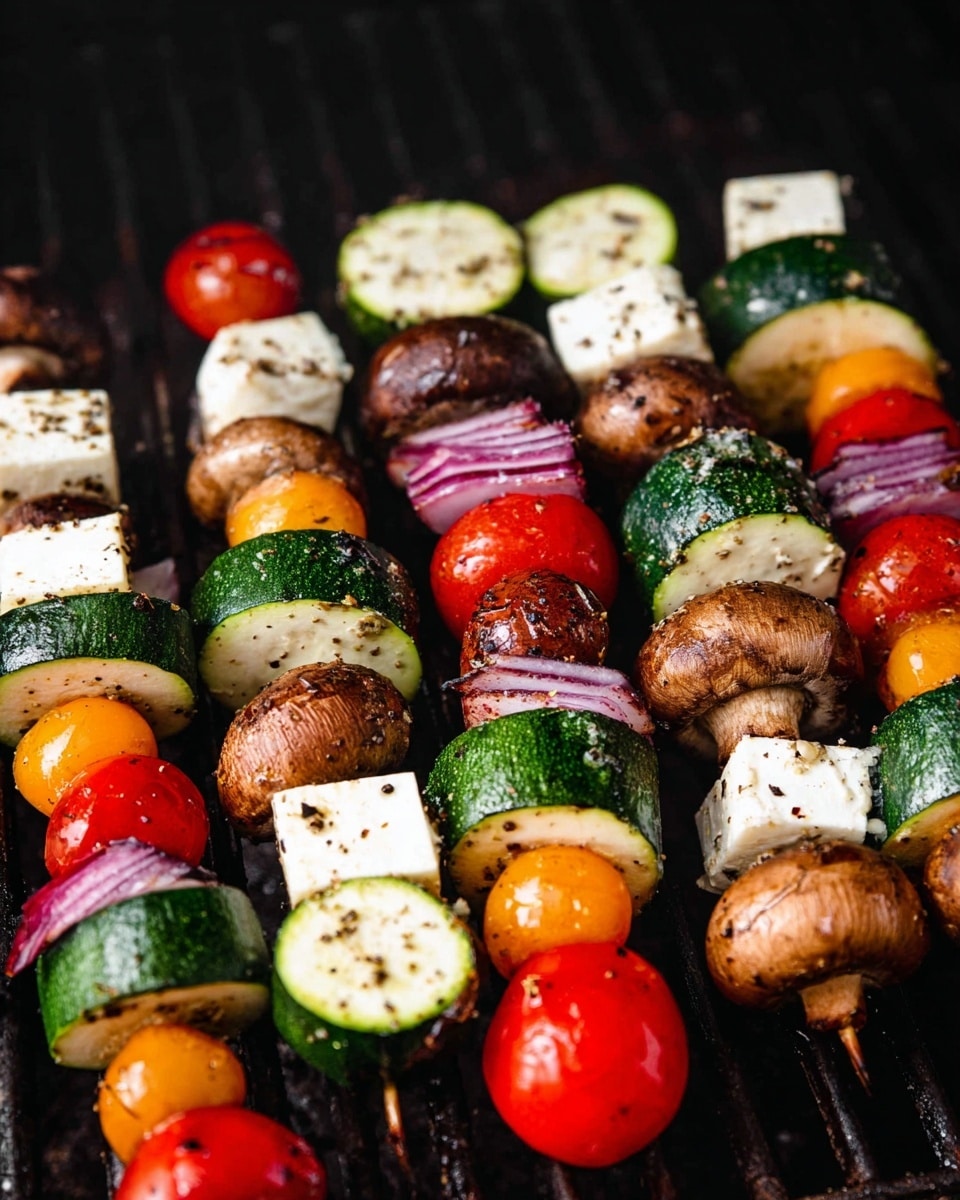 Four skewers are laid on a dark textured tray with a burnt edge. Each skewer has a colorful mix of vegetables arranged vertically: at the top, a small round orange or yellow pepper, then a brown mushroom with a firm texture, followed by a deep red cherry tomato or grape tomato. Red onion slices with a purple and white pattern are curled between some items. There are white cheese cubes spaced along the skewer, and slices of bright green zucchini with pale centers add contrast. The colors are bright and fresh, with the vegetables showing some seasoning. The tray sits on a white marbled surface. Photo taken with an iphone --ar 4:5 --v 7