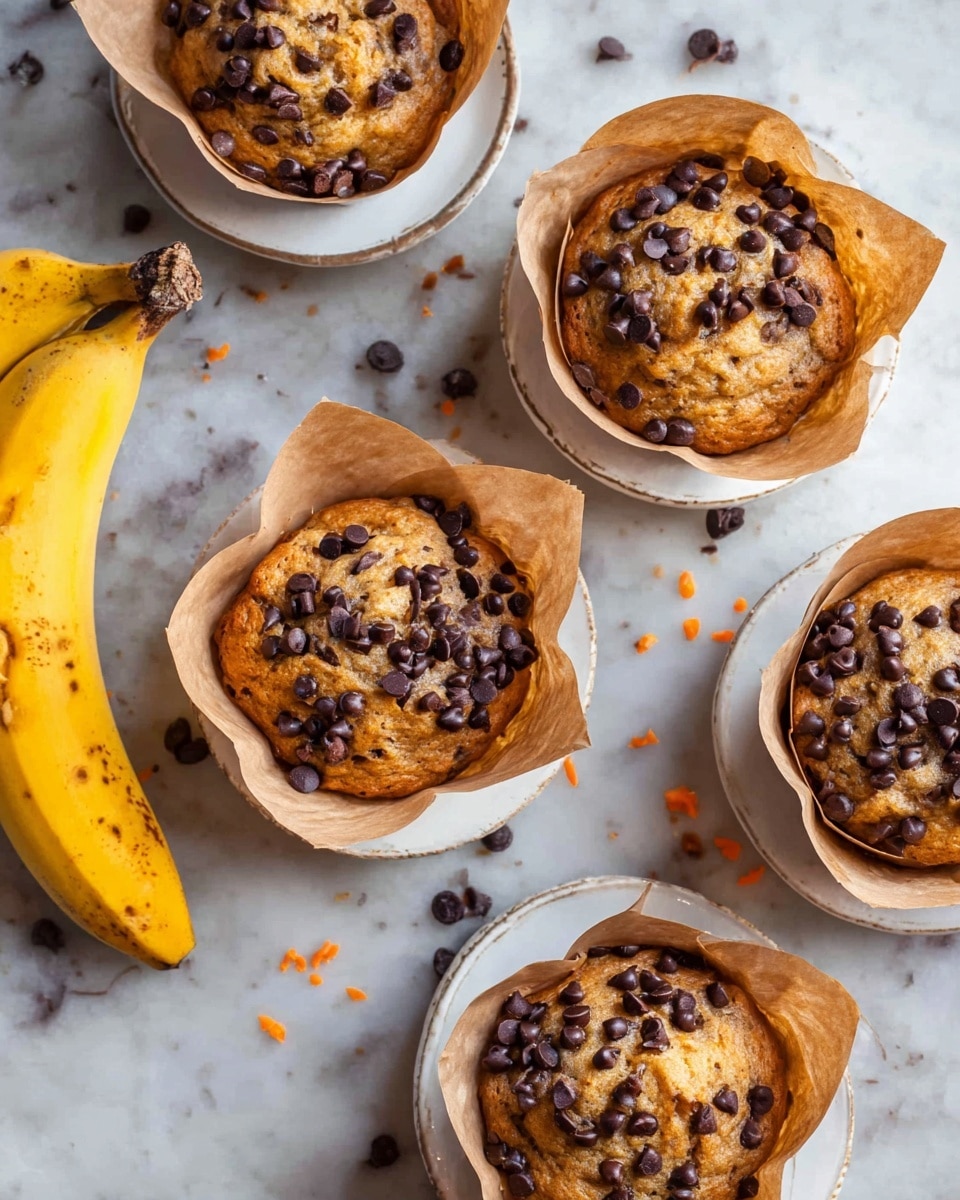 This image shows five muffins with golden brown tops, each sprinkled with dark chocolate chips. The muffins are wrapped in light brown parchment paper that folds outward like petals. They are placed on small white plates arranged over a white marbled surface spattered with some chocolate chips and small orange bits. Two ripe yellow bananas with brown spots lie on the left side, adding a pop of color. The muffins appear soft with a slightly bumpy texture from the chocolate chips. photo taken with an iphone --ar 4:5 --v 7