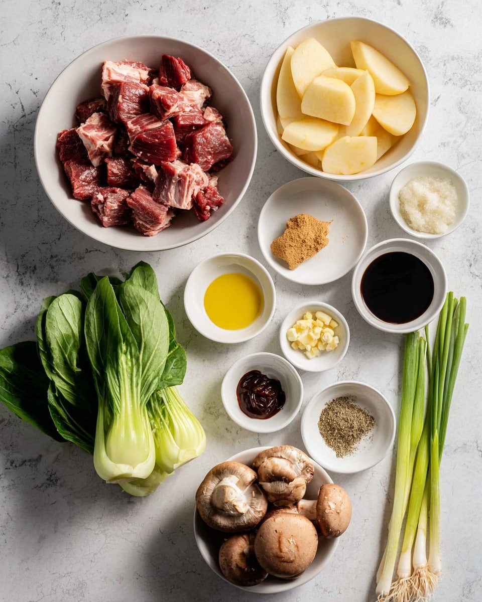 The image shows an overhead view of various raw ingredients arranged neatly on a white marbled surface. On the left side, there is a white bowl filled with pieces of red and white marbled raw meat. Next to it, there is another white bowl with light beige sliced pears. Around these bowls, small white dishes hold different ingredients: brown sugar, dark soy sauce, bright yellow crushed garlic, a small amount of thick dark red paste, yellow oil, and a mixture of salt and black pepper in one dish. There are also fresh green bok choy bunches in the lower left, a cluster of brown mushrooms on the right, and some green onion stalks in the upper right corner. The items are all in white bowls or on the white marbled surface, arranged in a balanced and clean composition. Photo taken with an iphone --ar 4:5 --v 7