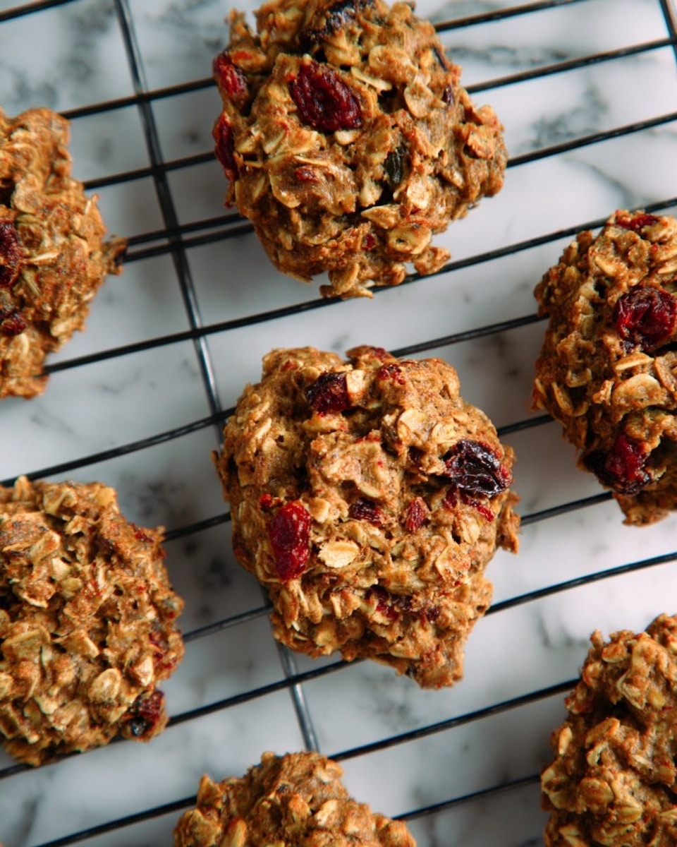 The image shows several rough, round clusters of oatmeal cookies resting on a black wire cooling rack placed over a white marbled surface. The cookies have a textured, chunky appearance with visible oats and darker bits that appear to be dried fruits or nuts scattered throughout. They each have an uneven, homemade shape with a light brown color mixed with darker red and brown patches from the added ingredients. The lighting highlights the food's rough texture and natural look. photo taken with an iphone --ar 4:5 --v 7