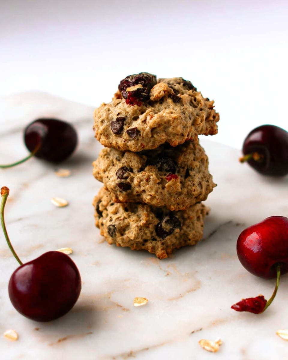 The image shows a black cooling rack filled with about a dozen round and uneven oatmeal cookies with visible chunks of dark chocolate and red dried fruit inside. The cookies have a rough, textured surface made from rolled oats and mix-ins. The cooling rack is placed on a white marbled surface with two small cherries lying nearby, adding a fresh touch. The overall color palette includes the warm golden brown of the cookies, the deep brown of the chocolate, and the bright red of the fruit. photo taken with an iphone --ar 4:5 --v 7