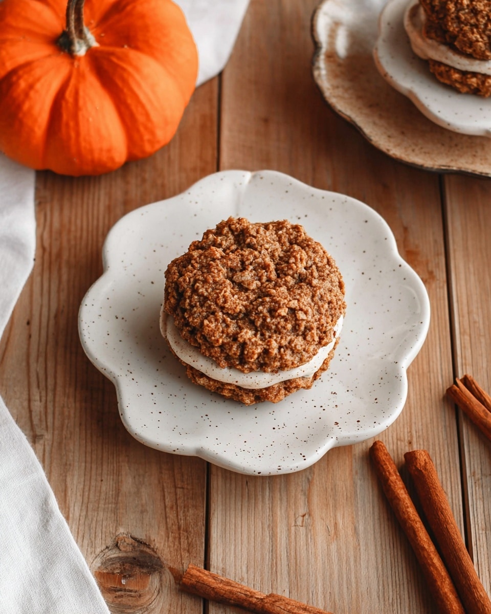 The image shows a single round oatmeal cookie sandwich on a white speckled pumpkin-shaped plate, placed on a wooden table. The cookie sandwich has two textured, brown oatmeal cookies with visible oats, holding a layer of light beige cream filling in the middle. Around the plate, there are two whole cinnamon sticks lying diagonally below it. On the top left side of the frame, a small bright orange pumpkin is placed. The natural wooden table surface is partly visible with a white cloth on the left side. The setup has a warm, cozy feel. Photo taken with an iphone --ar 4:5 --v 7
