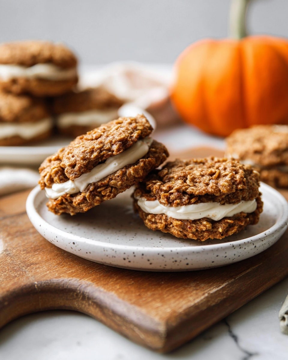 Two oatmeal cookie sandwiches are placed on a white plate with small black specks and a handle-like edge, which sits on a wooden cutting board. Each sandwich has two thick, rough-textured, brown oatmeal cookies with a light cream filling in between. In the background, there is an orange pumpkin slightly out of focus, and another white plate with more cookie sandwiches is visible. The surface beneath everything is a white marbled texture. photo taken with an iphone --ar 4:5 --v 7
