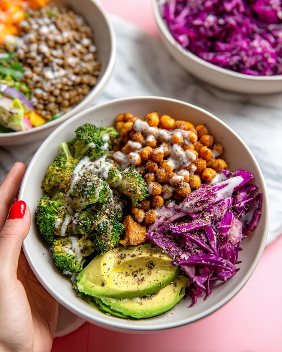 A white bowl filled with a colorful salad sits on a white marbled surface, held by a woman's hand with red nail polish. The bowl contains five distinct layers: bright green broccoli florets with white dressing drizzled on top on the left side, cooked light brown lentils spread next to the broccoli, golden roasted chickpeas in the center, thinly sliced vibrant purple cabbage with white dressing on top next to the chickpeas, and sliced avocado with black pepper on the right side. In the background, there is another white bowl with a similar salad and a large white bowl filled with more purple cabbage, all set on a pink backdrop. photo taken with an iphone --ar 4:5 --v 7