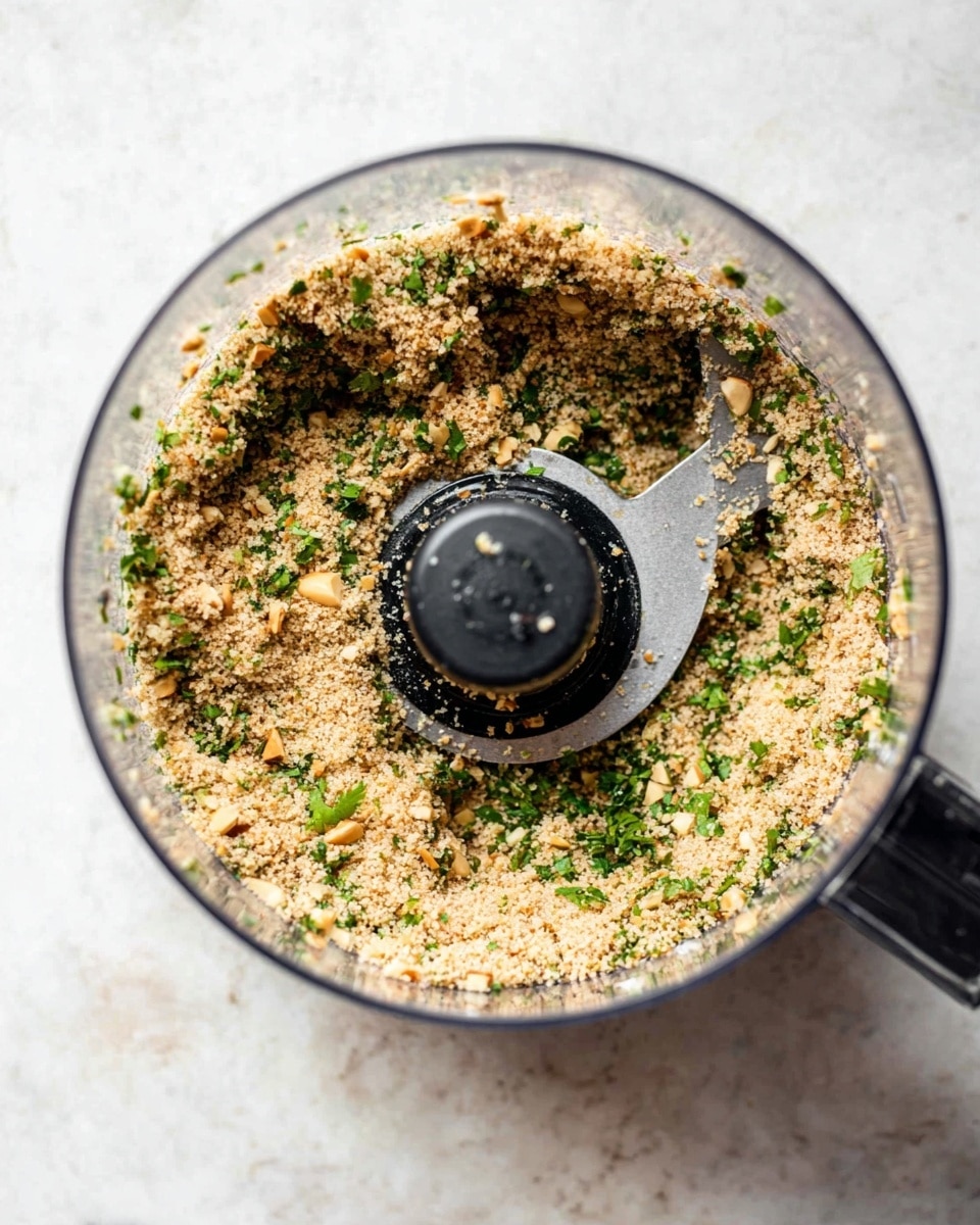 A clear food processor bowl filled with a coarse mixture of light brown chopped nuts or breadcrumbs and bright green fresh herbs, scattered unevenly throughout. The center shows a black sharp blade attached to a black round base. The bowl rests on a white marbled surface with some residue from the mixture on the sides of the bowl. The overall texture inside looks crumbly and fresh with small leafy bits. photo taken with an iphone --ar 4:5 --v 7