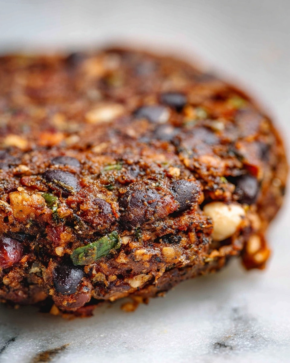 A close-up view of a thick, well-cooked brown patty filled with visible pieces of black beans, chopped herbs, and small bits of light-colored nuts or grains, showing a slightly crispy texture on the outside with uneven surfaces. The patty rests directly on a white marbled surface with blurred background elements, emphasizing its rich, mixed composition and hearty appearance. photo taken with an iphone --ar 4:5 --v 7