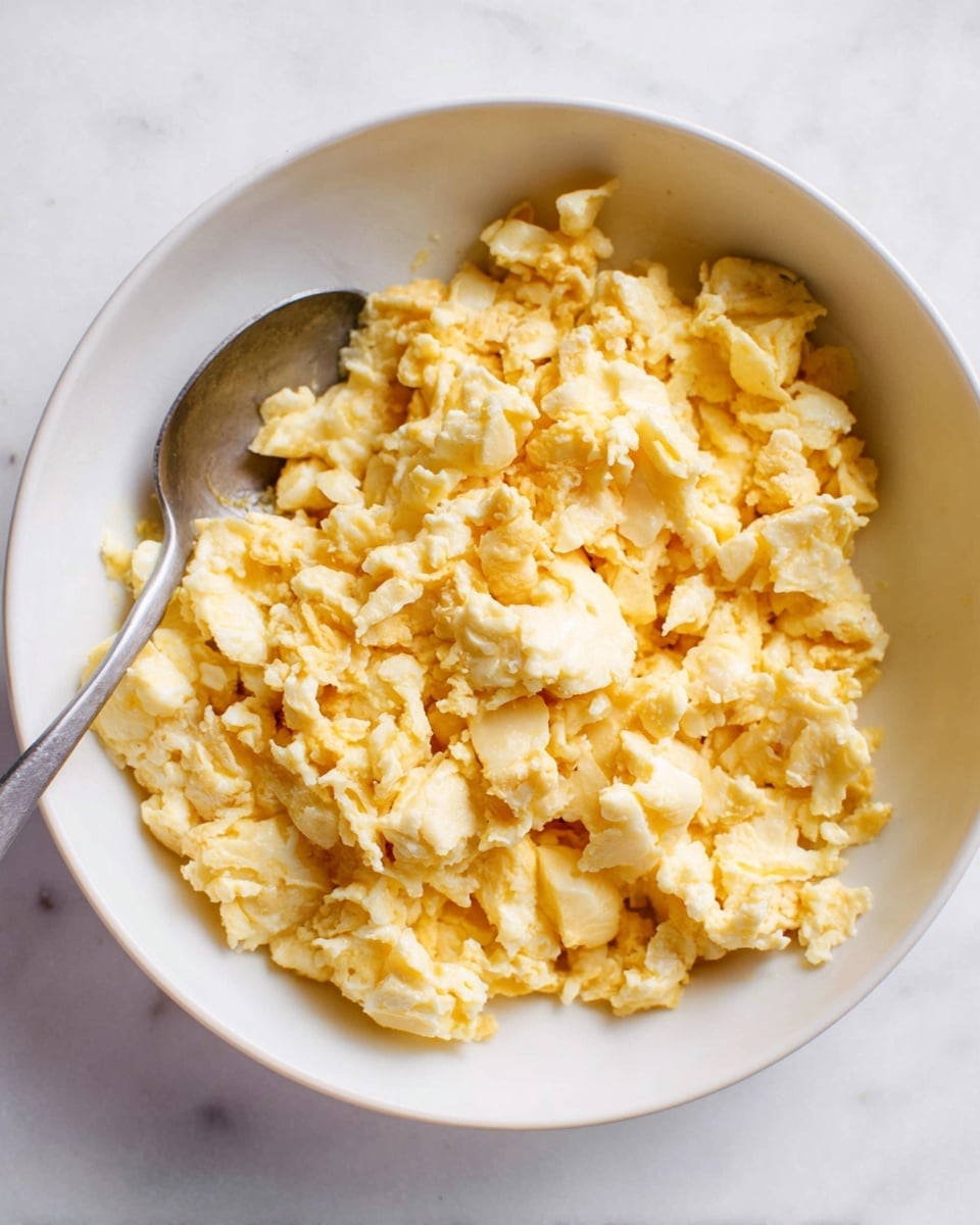A white bowl filled with soft scrambled eggs that have a pale yellow color with some slightly darker yellow curds, showing a fluffy texture. A silver spoon rests inside the bowl on the left side, partly covered by the eggs. The bowl sits on a white marbled surface that adds a clean and bright feel to the image. The photo is clear and close up, focusing on the texture and details of the scrambled eggs in the bowl photo taken with an iphone --ar 4:5 --v 7