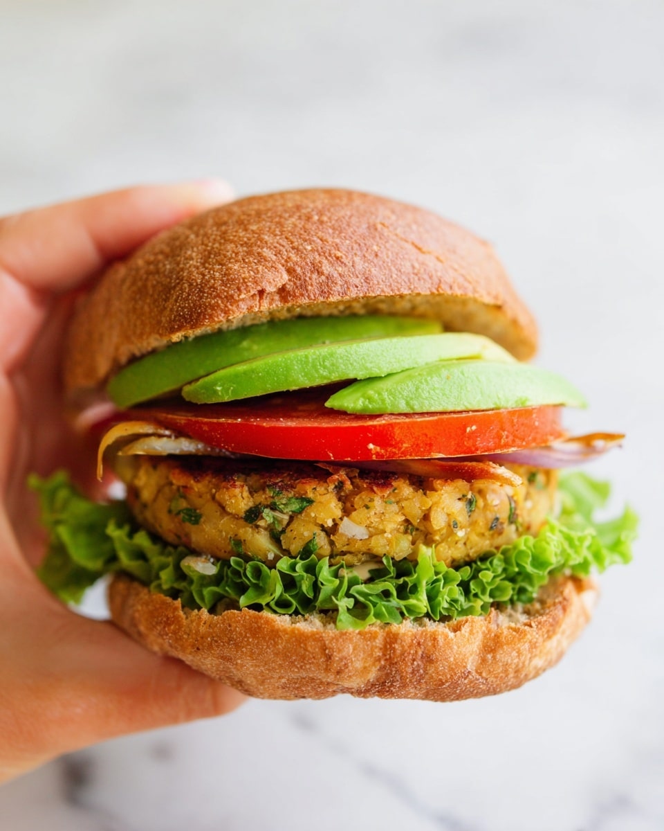 A close-up of a sandwich held by a woman's hand shows a brown whole wheat bun with small grain texture on top. Inside, from bottom to top, there is a green leafy lettuce layer with curly edges, then a light golden vegetable patty with chopped herbs and small bits of onions. Above the patty is a thick red tomato slice, followed by two slices of bright green avocado with a smooth texture and a little pepper sprinkled on them. The background is a white marbled surface. Photo taken with an iphone --ar 4:5 --v 7