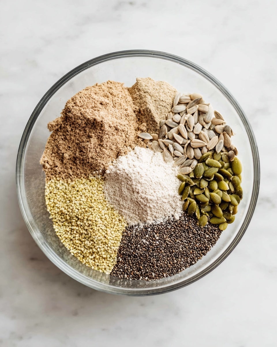 A clear glass bowl on a white marbled surface holds six different ingredients arranged in separate sections, each showing its unique color and texture. Starting from the top and moving clockwise, there is a pile of light brown, fine ground powder, followed by a cluster of pale beige sunflower seeds with a slightly rough texture. Next is a small patch of white salt grains with a coarse texture, below which sits a heap of light brown flour that looks soft and powdery. Continuing upwards, there is a small mound of pale yellow hemp seeds with a tiny, smooth texture, and lastly a pile of tiny black chia seeds with a shiny, smooth surface surrounded by green pepitas with a smooth, flat texture overlapping the chia seeds slightly in the center. The bowl and ingredients are lit softly to emphasize the natural colors and details photo taken with an iphone --ar 4:5 --v 7