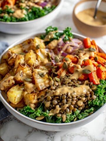 Lentil Nourish Bowl with Roasted Vegetables, Kale, and Miso Gravy Recipe