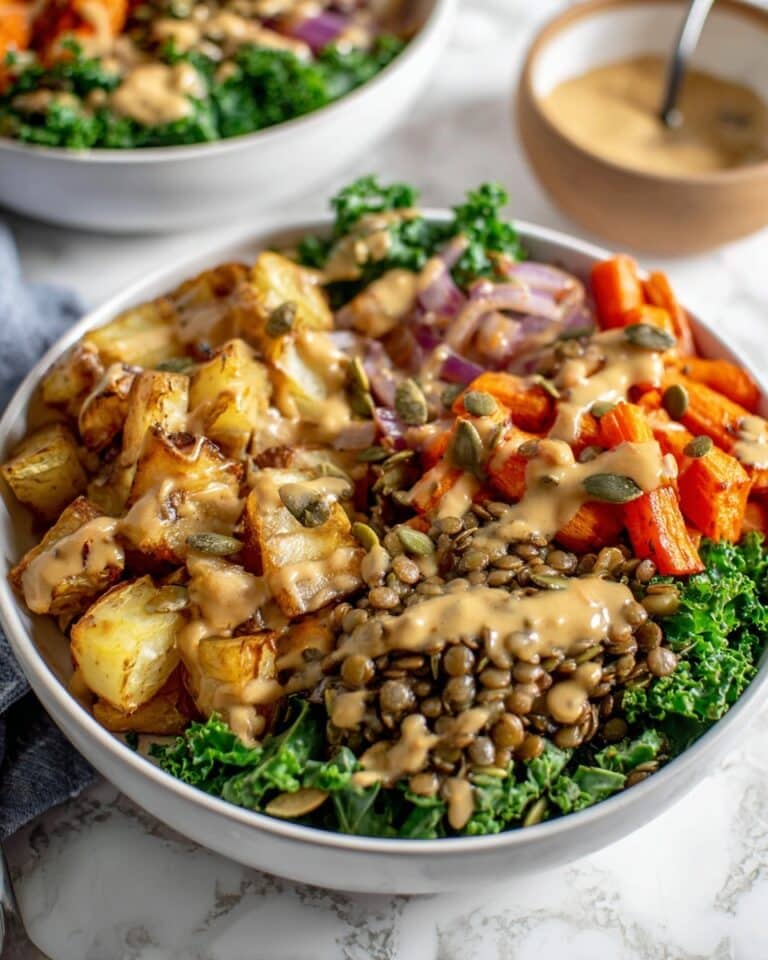 Lentil Nourish Bowl with Roasted Vegetables, Kale, and Miso Gravy Recipe