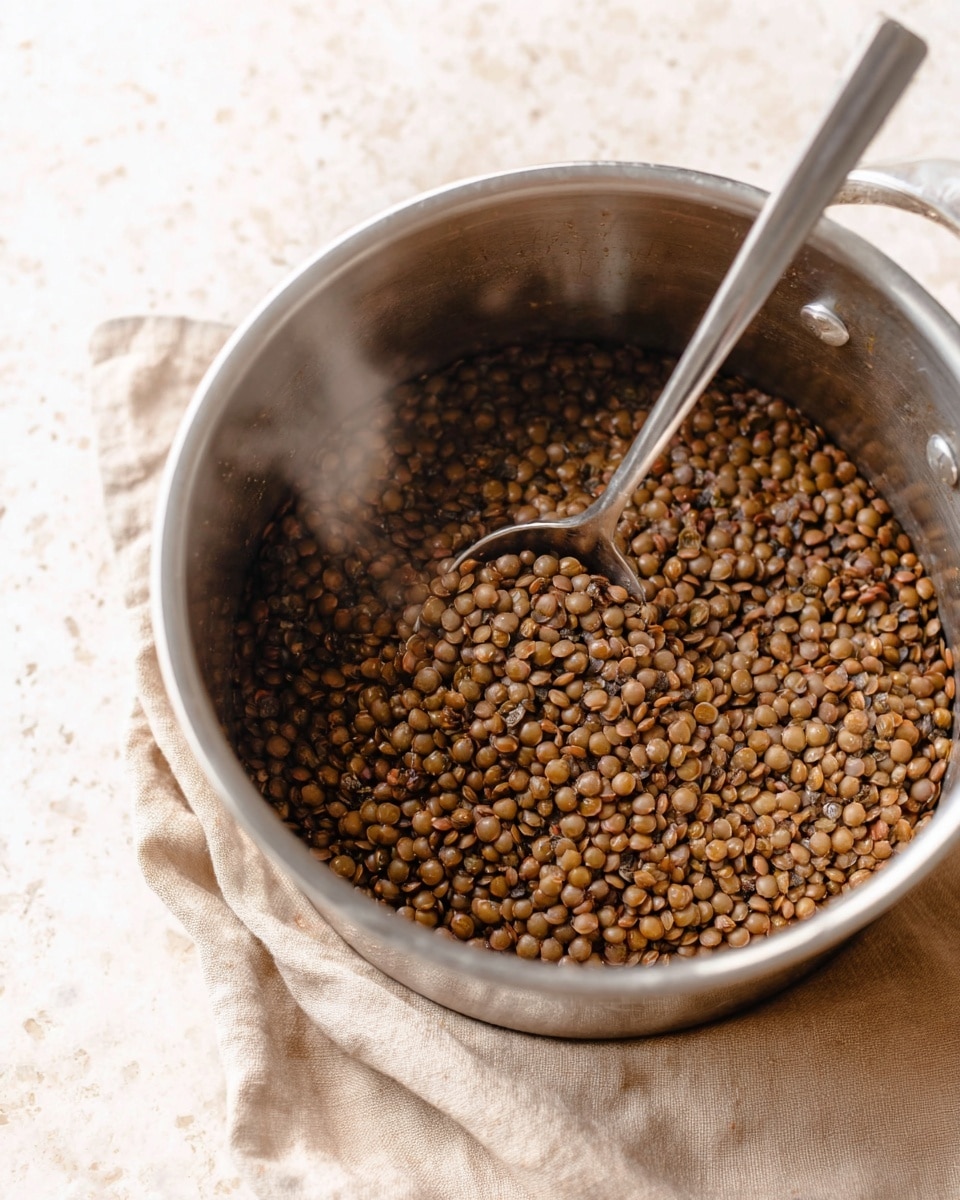 A close-up image showing a single layer of cooked lentils inside a shiny metal pot. The lentils are brown and small, filling most of the pot. A silver spoon is standing upright in the pot, with its handle pointing upwards. The pot is placed on a soft, textured light beige cloth that rests on a white marbled surface. Steam is visible coming from the lentils, indicating they are hot photo taken with an iphone --ar 4:5 --v 7