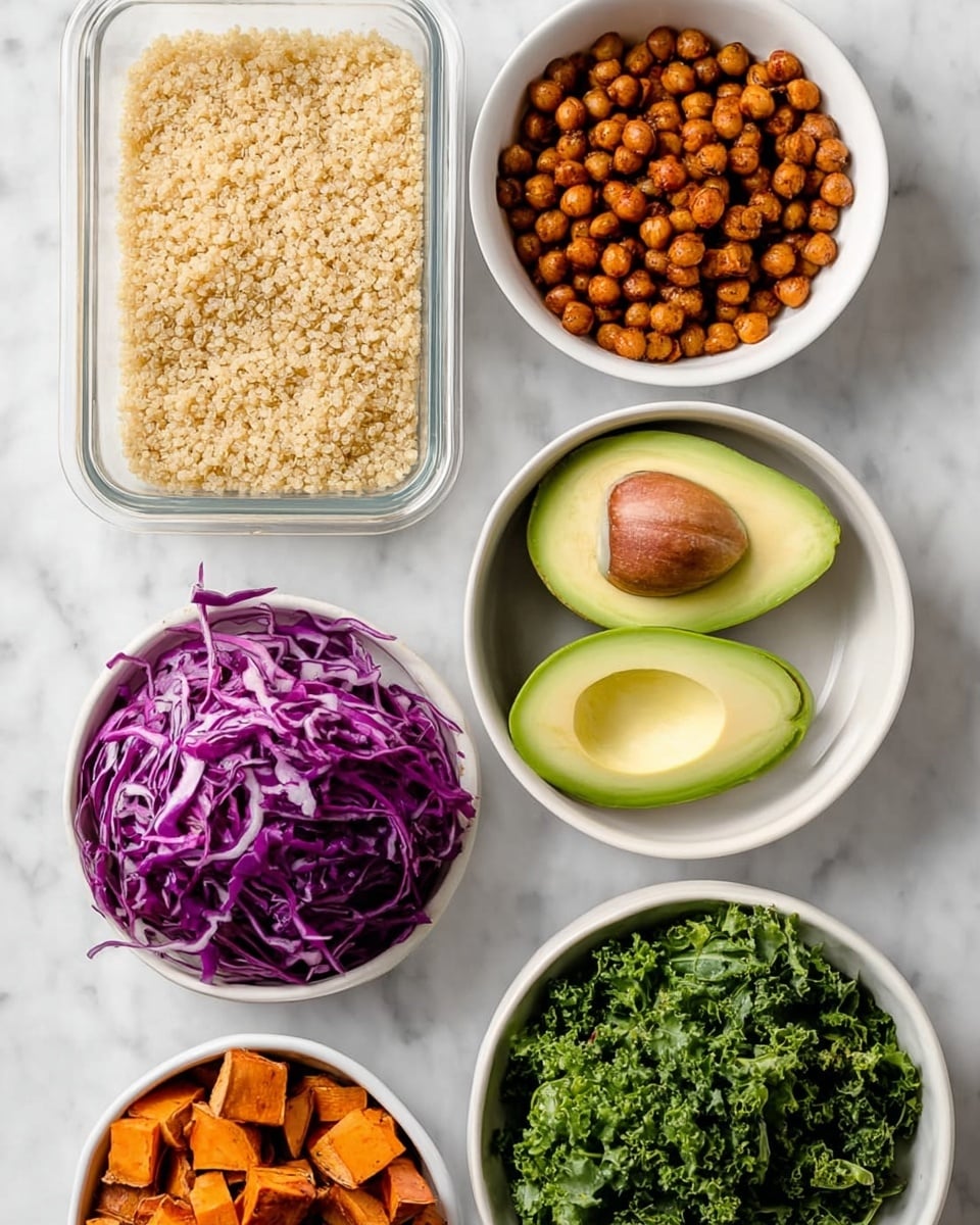This image shows six separate bowls and containers placed on a white marbled surface. The top left has a rectangular clear container filled with cooked quinoa that is light beige and fluffy. To its right is a white bowl filled with round, crispy brown chickpeas. Below the container of quinoa is a white bowl filled with thinly shredded purple cabbage, showing its vibrant color and fine texture. Next to the cabbage is a smaller white bowl filled with small, cubed roasted sweet potatoes that are orange with browned edges. On the right side near the middle are two avocado halves, one showing the green flesh with a large brown seed and the other with the seed removed. At the bottom right is a white bowl filled with chopped green kale leaves. All the bowls and containers are neatly arranged and the lighting is bright, creating a fresh and clean look. Photo taken with an iphone --ar 4:5 --v 7