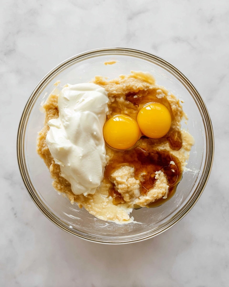 A clear glass bowl sits on a white marbled surface, holding several distinct layers of ingredients. At the bottom is a chunky, light beige mashed banana layer with a soft, mushy texture. On top of the banana, towards the center left, is a thick dollop of smooth, white cream. To the right of the cream, there are two raw egg yolks, bright yellow and glossy, sitting side by side in the clear egg white. Dark brown vanilla extract is drizzled over the cream and partially around the egg yolks, adding a shiny and slightly sticky detail. The bowl and ingredients are clearly visible from a top-down view, highlighting the contrast in colors and textures. photo taken with an iphone --ar 4:5 --v 7
