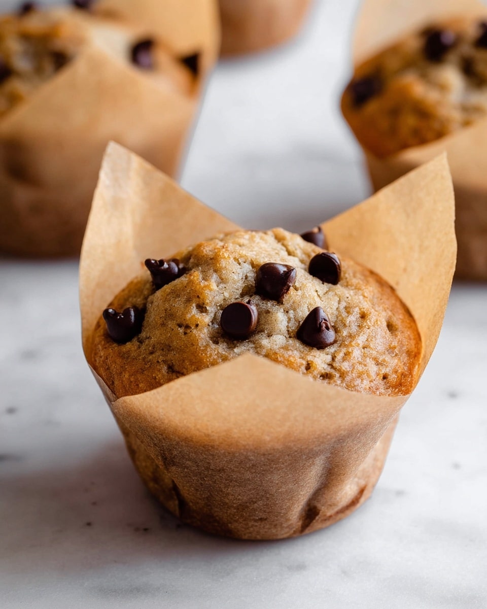 A close-up view of a single muffin wrapped in rustic brown parchment paper with four distinct pointed edges standing upright, showing a soft, light brown interior with melted dark brown chocolate chunks scattered throughout the top and inside the muffin. Multiple similar muffins are blurred softly in the background, all resting on a white marbled surface. The muffin top is slightly uneven, with a moist texture and visible air pockets. Photo taken with an iphone --ar 4:5 --v 7