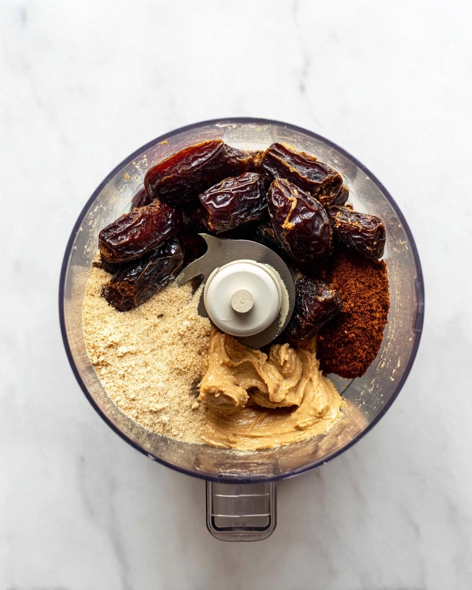 A clear food processor bowl is shown from above, containing layers of dark brown dates with wrinkled textures, smooth light brown peanut butter dollops, and a light beige powder sprinkled on top; the metal blade in the center is visible and surrounded by the ingredients evenly placed around it. The scene is set on a white marbled texture. Photo taken with an iphone --ar 4:5 --v 7