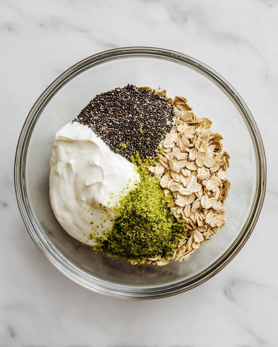 A clear glass bowl sits on a white marbled surface, holding four distinct layers of ingredients. The bottom right layer consists of light brown rolled oats with a dry texture. Adjacent to it on the left is a dollop of thick, creamy white yogurt. Above the oats is a dense pile of small black chia seeds, finely textured and matte in appearance. To the left of the oats and below the chia seeds lies a small heap of bright green matcha powder with a smooth, fine texture. Some tiny green zest pieces are sprinkled over the oats and chia seeds. Photo taken with an iphone --ar 4:5 --v 7