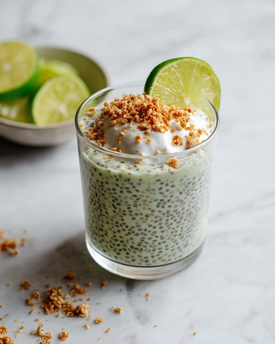 A clear glass filled with light green chia pudding mixture that has tiny black chia seeds spread evenly throughout. On top of the pudding, there is a dollop of white cream covered with a sprinkle of brown crumbly topping. A thin slice of green lime with a slightly darker outer skin leans against the cream topping. Inside the glass, a silver spoon is stuck in the pudding near the left edge. The glass is placed on a white marbled surface with some crumbs scattered around, and a blurred bowl with lime slices is seen in the background. Photo taken with an iphone --ar 4:5 --v 7