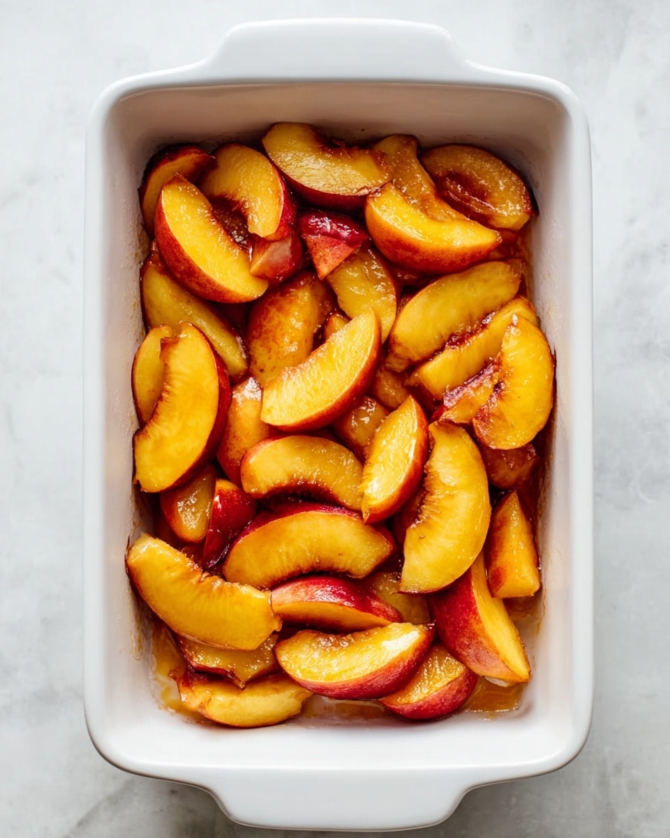 The image shows a white rectangular baking dish filled with thick, sliced peach wedges. The peaches have rich yellow-orange flesh with some red blush on the skin, and they appear glossy and slightly caramelized as if baked or roasted. The peach slices are layered unevenly, reaching close to the rim of the dish, showcasing a mix of curved edges and smooth textures. The dish is placed on a white marbled surface, enhancing the natural color of the peaches. photo taken with an iphone --ar 4:5 --v 7