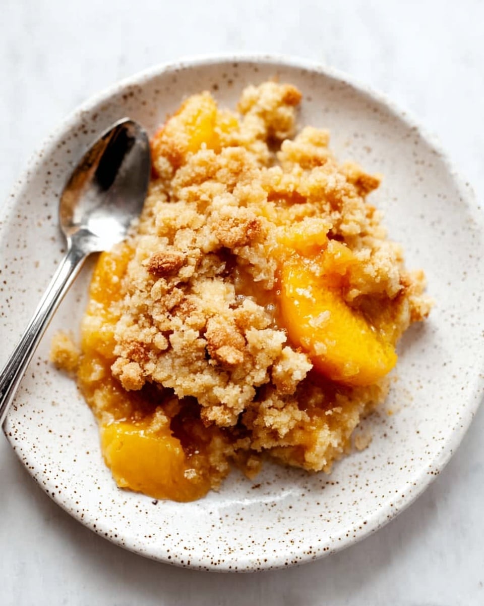 A white speckled plate holds a serving of peach crumble, showing two main layers: the bottom soft, bright orange peach filling with a shiny, juicy texture, and the top crumb layer in light golden brown with a coarse, crumbly texture. A silver spoon lies on the left side of the plate against a white marbled surface. The photo taken with an iphone --ar 4:5 --v 7