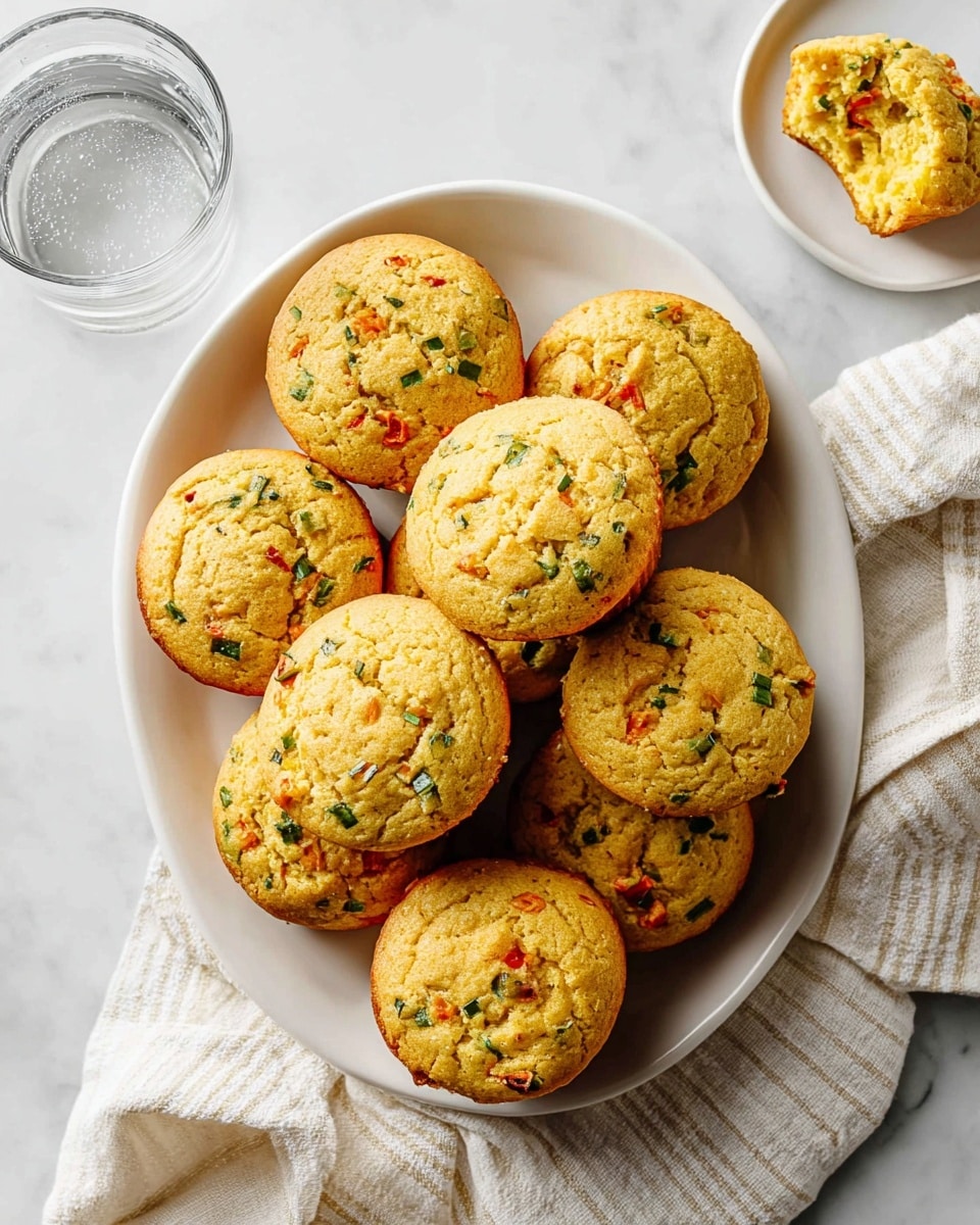 A white oval plate holds a pile of golden brown cornbread muffins, each round and slightly cracked on top showing a soft texture. The muffins have pieces of green and red vegetables mixed inside, spread unevenly throughout. One muffin at the top left shows a bite taken from the side, revealing its crumbly interior. The plate sits on a white and beige striped cloth on a white marbled surface. A clear glass of water is partly visible in the top left corner, and another muffin rests on a small white plate in the bottom right corner. photo taken with an iphone --ar 4:5 --v 7