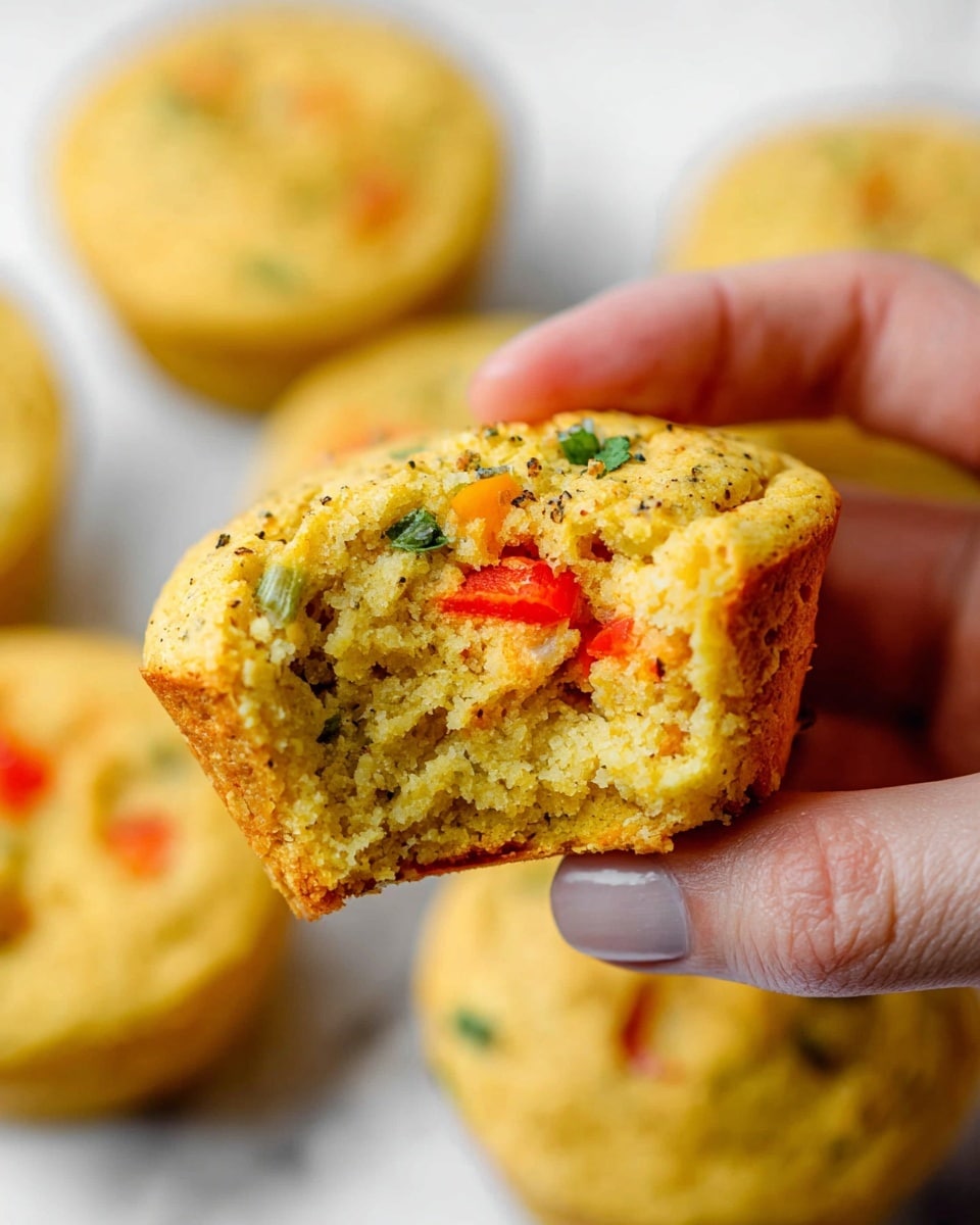 A close-up of a woman's hand holding a savory cornbread muffin with a bite taken from the top edge, showing the soft and crumbly yellow interior dotted with red bell pepper pieces and green herbs. The muffin's outer crust is a light golden brown, slightly rough in texture, with visible bits of pepper on top. In the blurry background, there are more muffins with similar colors sitting on a white marbled surface. photo taken with an iphone --ar 4:5 --v 7
