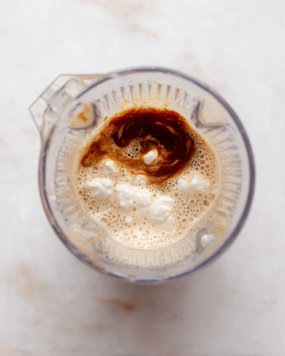 Inside a clear blender container, there is a mix of three main layers: at the bottom, a swirl of dark brown liquid that looks thick; above it, a creamy, light beige liquid layer with bubbles; on top, white soft curds scattered unevenly. The blender container has vertical ridges and is set on a surface with a white marbled texture. Photo taken with an iphone --ar 4:5 --v 7
