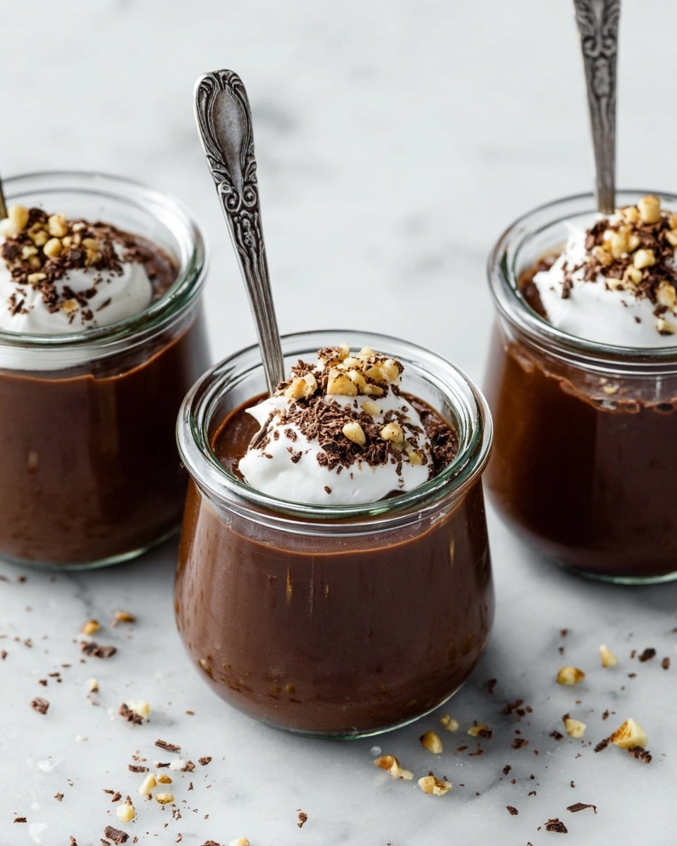Three clear glass jars filled with a rich, dark brown chocolate pudding sit on a white marbled surface. Each jar holds a smooth single layer of chocolate pudding, topped with a dollop of white whipped cream. The whipped cream is sprinkled with finely grated dark chocolate and small light brown nut pieces. Metal spoons with ornate handles are placed inside each jar, standing upright. There are some scattered nut crumbs around the jars on the marbled surface. photo taken with an iphone --ar 4:5 --v 7