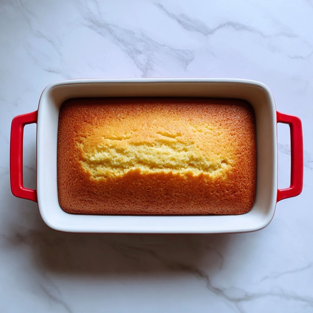 A rectangular baked cake with a golden brown top layer, showing a slightly textured and even surface, sits inside a white baking dish with bright red handles on each side. The cake fits well inside the dish with its edges touching the sides. The baking dish rests on a white marbled surface, giving the scene a clean and bright look. photo taken with an iphone --ar 4:5 --v 7