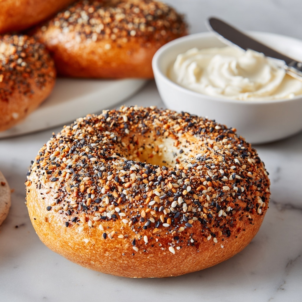The image shows eight bagels arranged on a white marbled surface with a container of cream cheese on the right side. There are different types of bagels: four plain golden brown bagels with a smooth and slightly shiny crust, two seasoned bagels covered with a mix of black seeds, white seeds, and dried onion flakes, and two bagels topped with small toasted brown flakes. The bagels have a thick, chewy texture and a round shape with a hole in the center. The cream cheese is smooth and white, swirled inside its container. Photo taken with an iphone --ar 4:5 --v 7