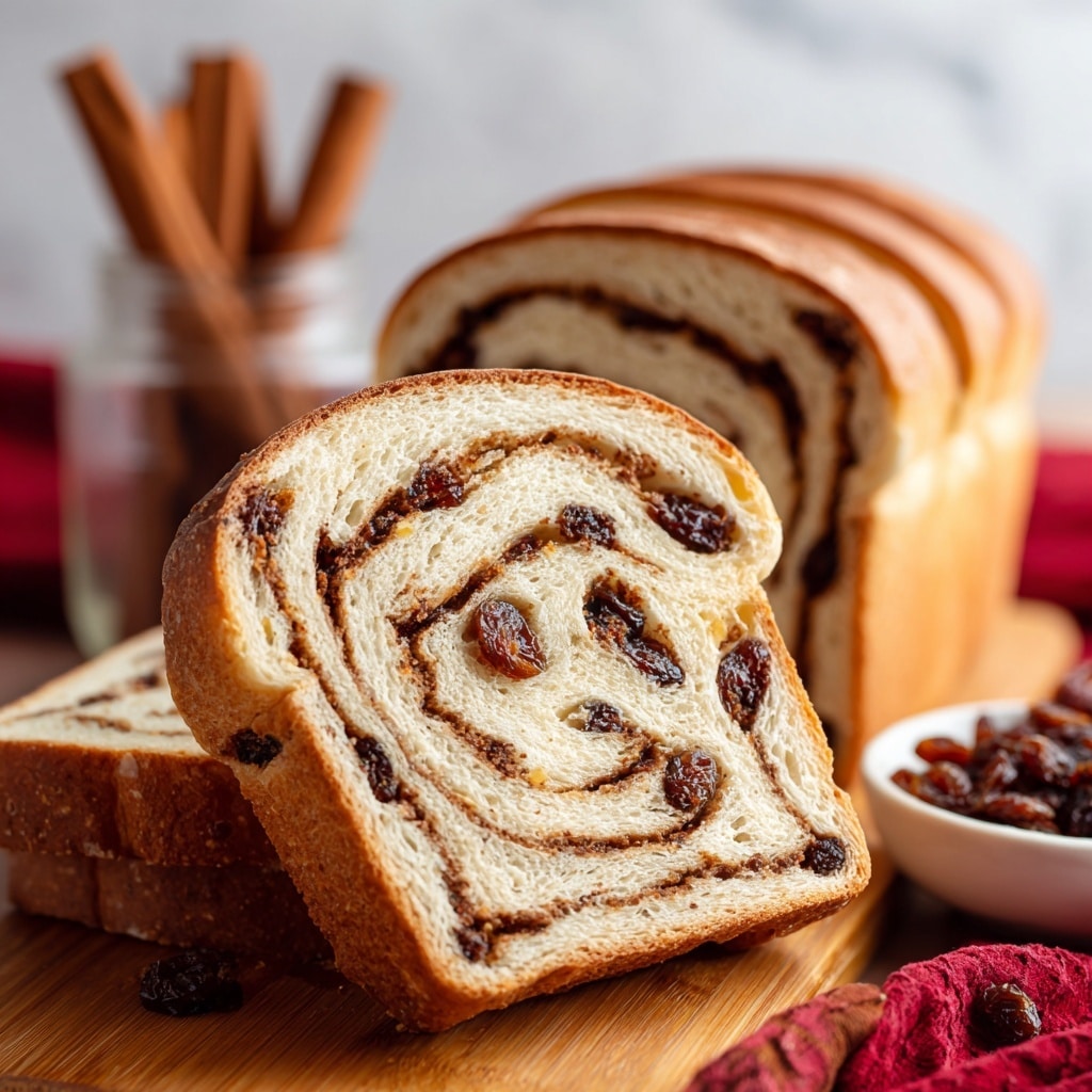 A close-up view of a sliced raisin swirl bread loaf held by a woman's hand on the right side, showing one thick slice with a light brown spiral pattern and dark raisins spread evenly in the swirls and bread. In the background, there are cinnamon sticks standing in a glass jar and a folded red cloth adding warm color tones. The bread loaf is placed on a wooden surface that contrasts with the white marbled background. There is also a white bowl with raisins blurred in the foreground. photo taken with an iphone --ar 4:5 --v 7