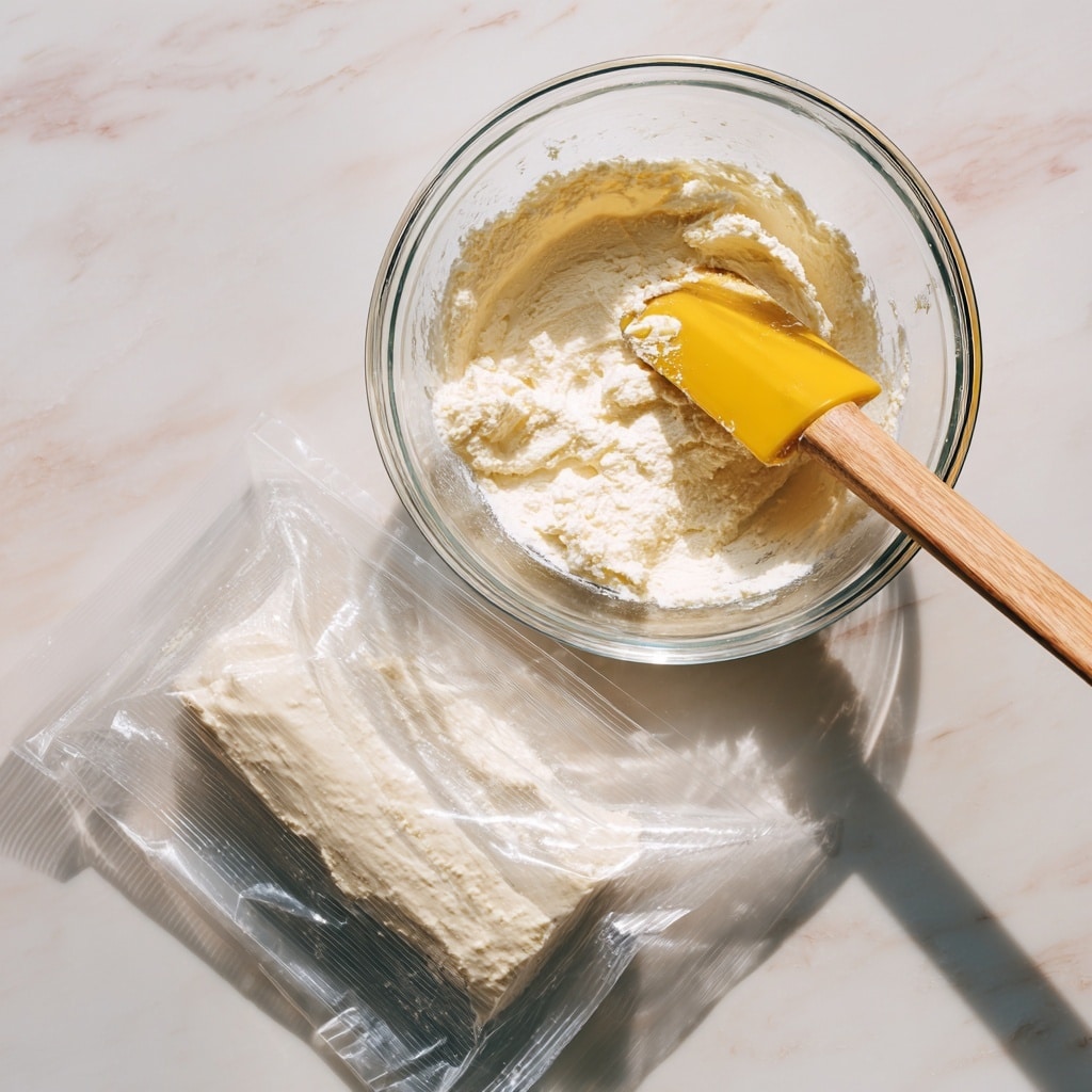 A clear glass bowl sits on a white marbled surface containing a creamy, pale off-white mixture with a slightly grainy texture spread unevenly inside the bowl. Below the bowl, there is a close view of a zip-top plastic bag partially filled with the same creamy mixture, held open by a woman's hand using a yellow spatula with a wooden handle, scooping the mixture into the bag. The scene is bright with natural lighting, showing details of the texture and colors clearly photo taken with an iphone --ar 4:5 --v 7