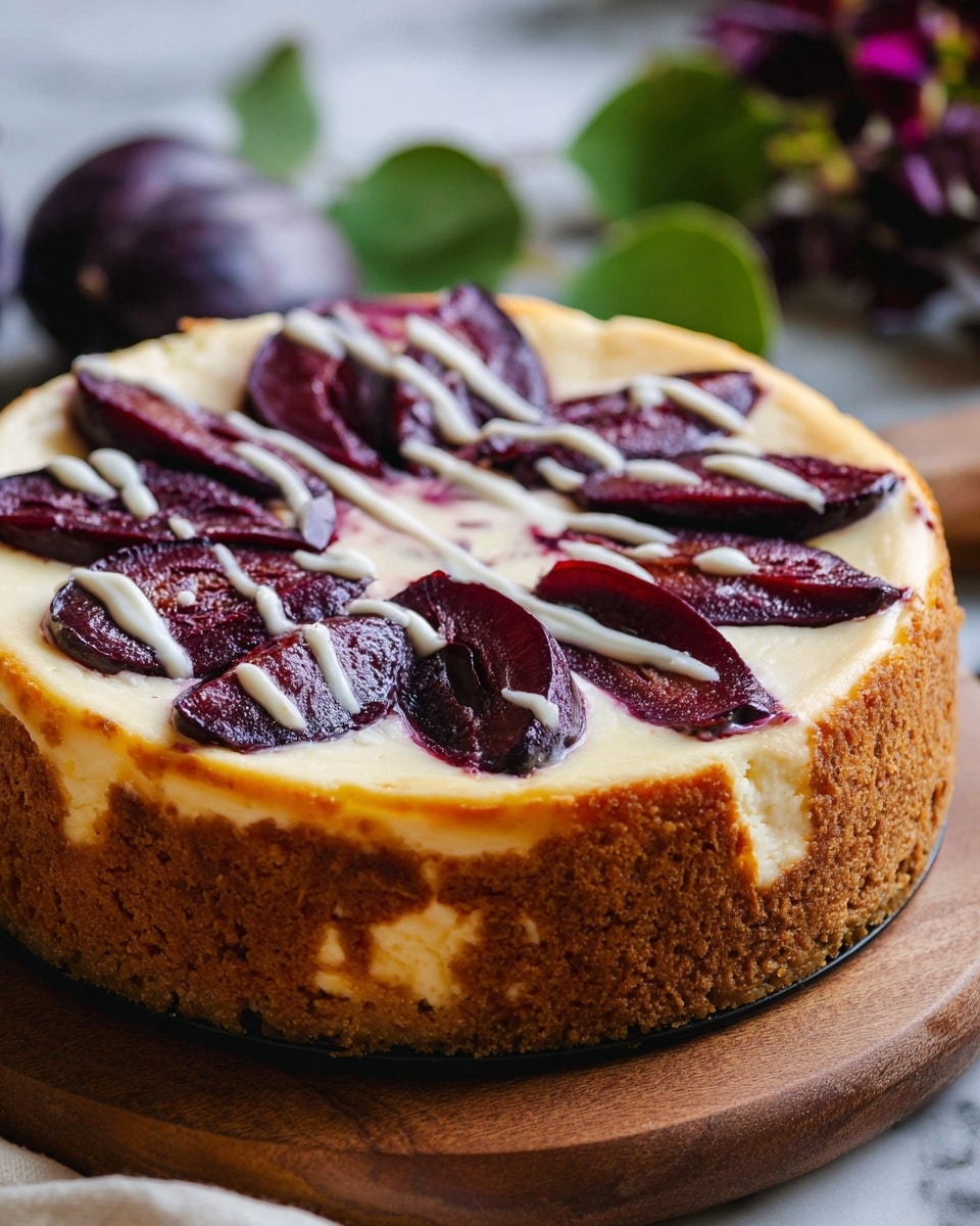 A white plate with small black dots holds a slice of cheesecake with three layers: the bottom layer is a light brown crumbly crust, the thick middle layer is a smooth creamy white cheesecake, and the top layer is made of dark purple sliced fruit arranged neatly over a lighter purple jelly. The edge of the cheesecake is slightly browned, and a silver fork is placed behind the slice on the plate. The setting shows a white marbled surface, part of a purple cloth, and some blurred out objects in the background. photo taken with an iphone --ar 4:5 --v 7