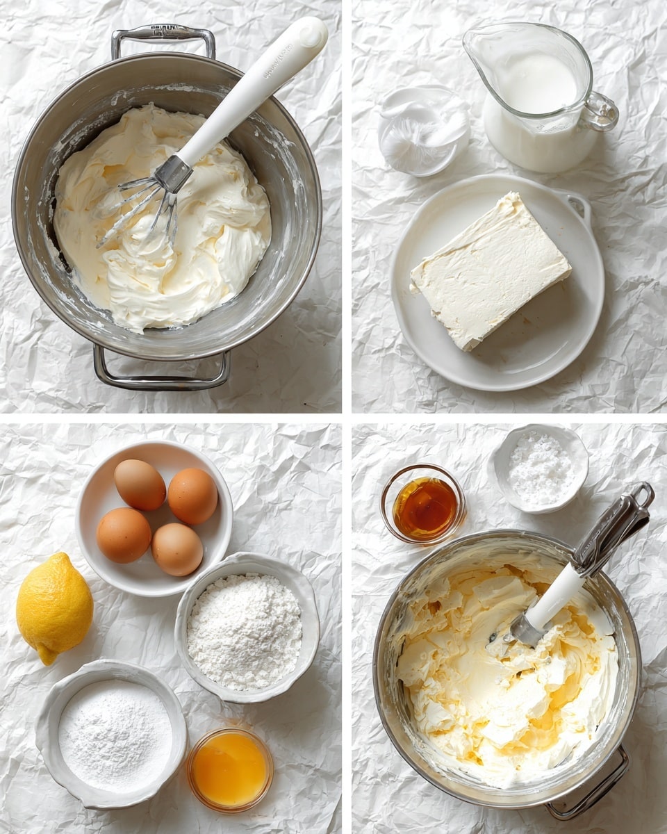 The image shows a collage of four photos with baking ingredients and steps on a white marbled surface. The top left photo has a metal mixing bowl with a white paddle inside, a glass jug with thick white cream, and a small white plate with a block of white cream cheese. The top right photo shows the mixing bowl with the block of cream cheese and thick white cream placed inside it. The bottom left photo displays a collection of ingredients arranged neatly: three brown eggs in a white bowl, a halved yellow lemon, a white bowl of yellow melted butter, a white bowl of white powdered sugar, a white bowl of white flour, a glass jug of whipped cream with a spoon inside, a small jar of vanilla extract, and a large white bowl partially visible. The bottom right photo shows the mixing bowl with all ingredients combined, featuring a creamy light yellow mixture with white flour on top and the white paddle resting inside. The background throughout is a crumpled white paper texture on a white marbled surface. Photo taken with an iphone --ar 4:5 --v 7
