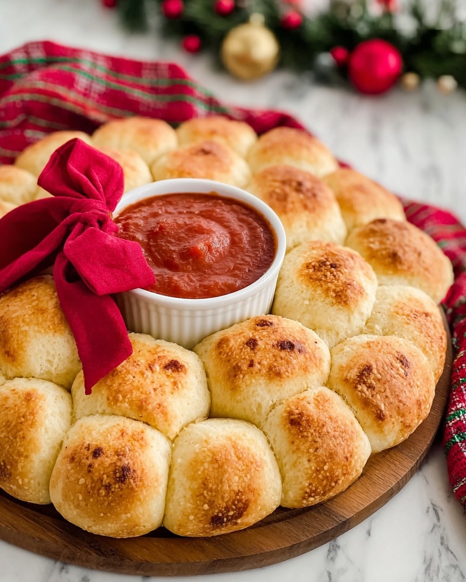 A circular arrangement of small golden-brown bread rolls forms the outer layer, slightly puffed and baked to a light crust with some darker spots, all touching each other on a wooden board. In the center, a white ramekin filled with thick, deep red marinara sauce sits, with a smooth swirl pattern on top. A red fabric bow is tied around the top part of the bread ring. The whole setup rests on a white marbled surface with a red and green striped cloth nearby and blurred Christmas decorations in the background. Photo taken with an iphone --ar 4:5 --v 7