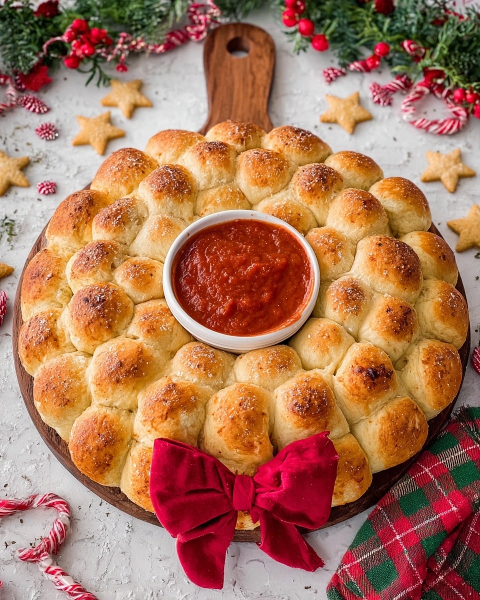 A round wooden board holds a ring of golden brown, puffed bread rolls with a slightly crispy texture on top, all touching each other to form a circle. In the center of the bread ring, there is a small white bowl filled with red dipping sauce. The bread rolls have a light sheen, suggesting a soft inside, and the setting includes a white marbled surface with blurred holiday decorations in the background. A white and red striped cloth is partially visible in the foreground. Photo taken with an iphone --ar 4:5 --v 7