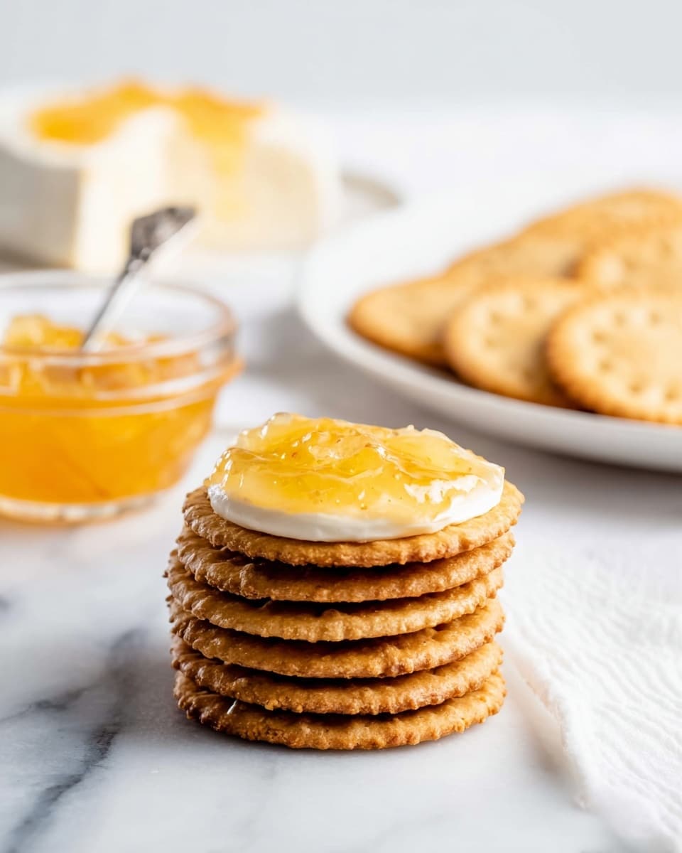 A stack of six round, golden brown crackers is placed on a white marbled surface, topped with a creamy white cheese layer and light yellow jam. In the background, there is a white plate holding more crackers arranged side by side and a wedge of creamy white cheese with some yellow jam on top, partially blurred. Behind the plate, a small, clear bowl with orange-yellow jam and a small spoon is visible, also blurred. The scene is softly lit, creating a clean and fresh look. Photo taken with an iphone --ar 4:5 --v 7
