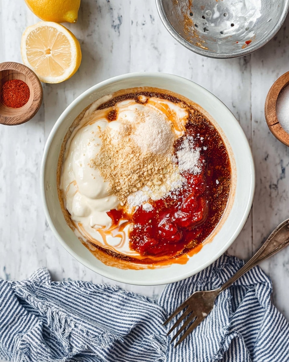 In a white bowl placed on a white marbled surface, several ingredients sit without being mixed: a creamy white sauce forms a thick layer in the center and upper left, light beige powder and granules are sprinkled over the top and near the middle, dark red smooth sauce pools on the bottom left and right edges, and a deep brown liquid surrounds the ingredients, filling the remainder of the bowl. Around the bowl, a blue and white striped cloth napkin with a fork lies at the bottom right, a halved lemon and a wooden spoon are visible on the left side, and an empty metallic bowl with white residue is placed near the top right. Photo taken with an iphone --ar 4:5 --v 7