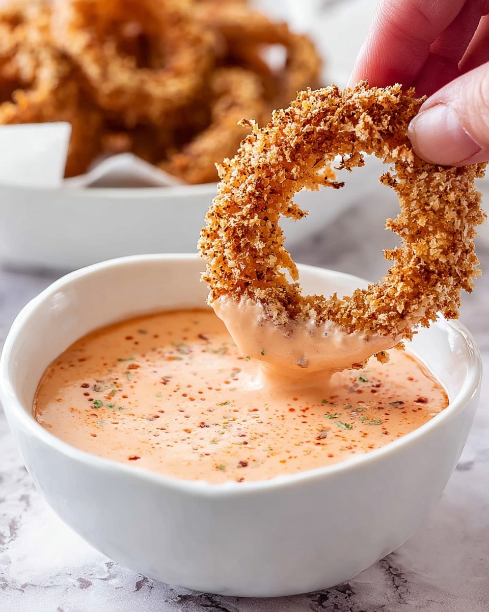 A woman's hand is holding a crispy, golden brown onion ring coated with crunchy bread crumbs, dipping it into a white bowl filled with a thick, creamy, light orange sauce with tiny specks of seasoning. The bowl sits on a white marbled surface, and in the background, there is another white bowl with more golden brown onion rings, softly out of focus. The textures are clear, showing the crunchiness of the onion ring and the smoothness of the sauce, photo taken with an iphone --ar 4:5 --v 7