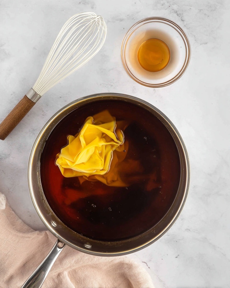 A round silver pot filled with a dark reddish-brown broth sits on a white marbled surface. Inside the broth, there is a folded yellow cloth or bag-like object partially submerged near the center. Above the pot, a small clear glass bowl with some light brown liquid rests on the surface. To the left of the pot, there is a whisk with a wooden handle and white curved wires. The whole scene is bright with soft natural lighting. photo taken with an iphone --ar 4:5 --v 7