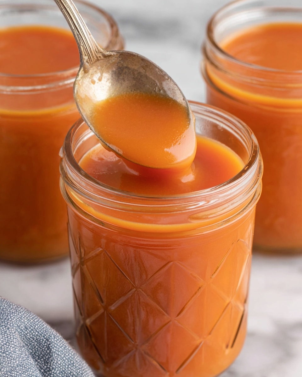 The image shows three glass jars filled with bright orange liquid, each jar having a diamond-shaped embossed pattern on the glass surface. The jars are tied near the top with rough, light brown twine fashioned into simple bows. The jars are placed on a white marbled surface, and the background is also white, giving a clean, fresh look to the scene. The focus is on the front jar, with the others slightly blurred behind it, showing the rich, smooth texture of the orange liquid inside. photo taken with an iphone --ar 4:5 --v 7